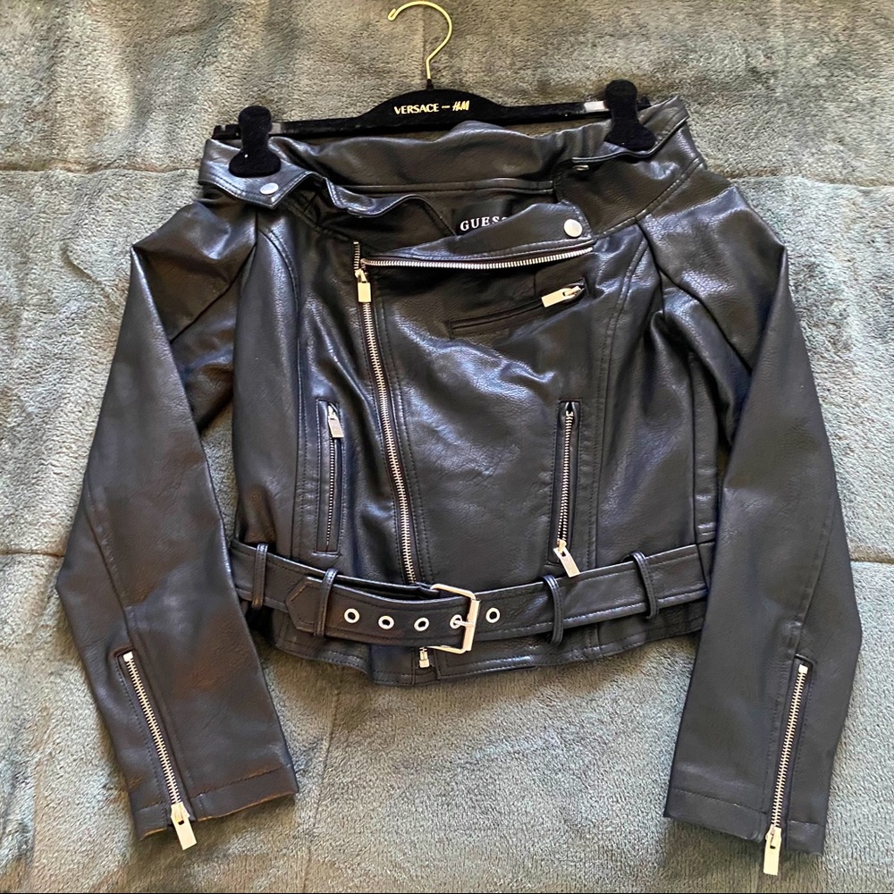 GUESS Off-Shoulder Vegan Leather Moto Jacket